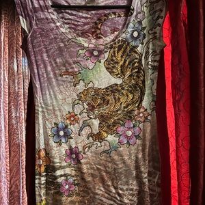 My Michelle Brown and Blue Graphic Fitted Blouse